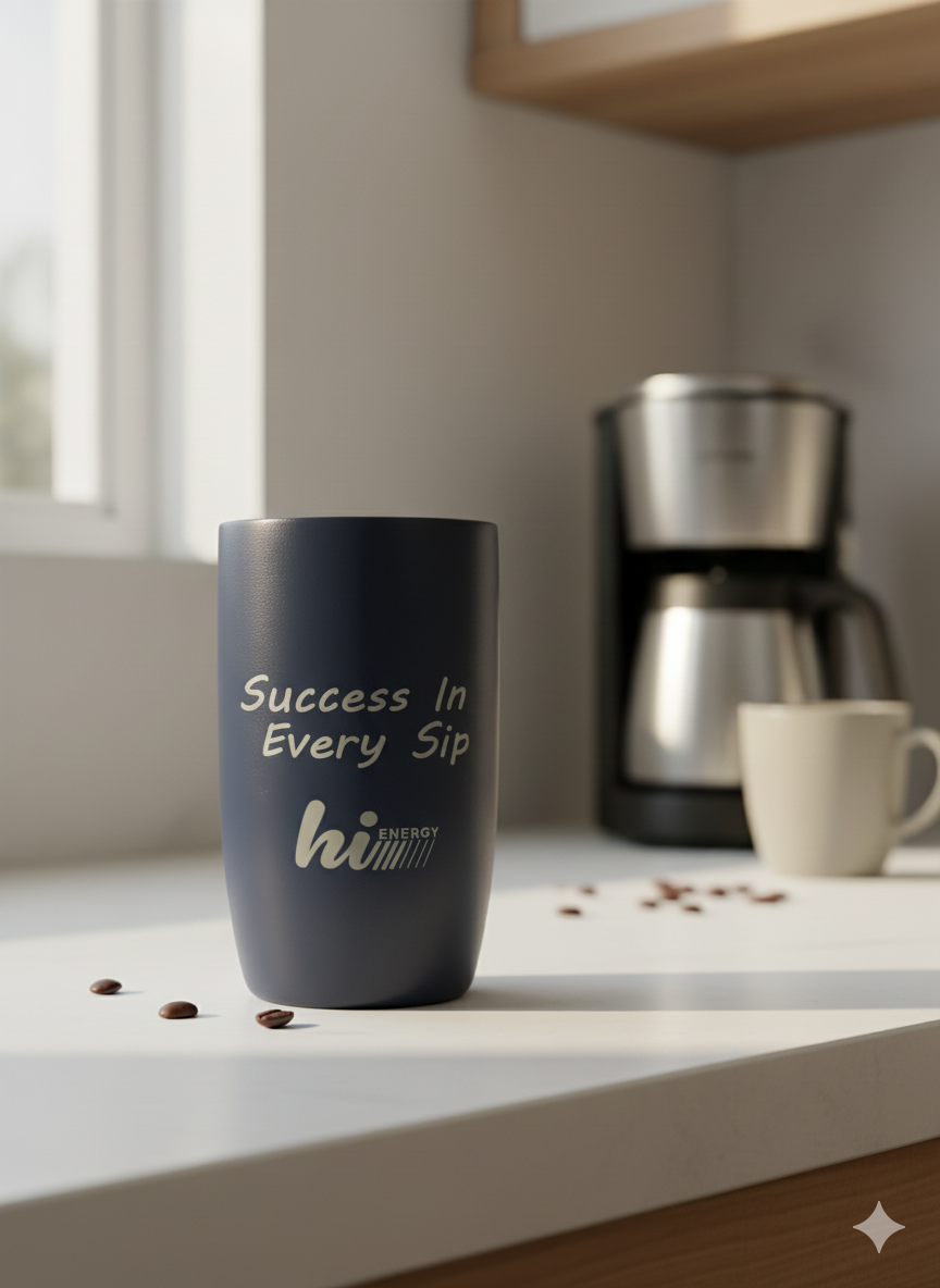 Blue mug with 'Success In Every Sip' text on a kitchen counter with coffee maker and scattered coffee beans.