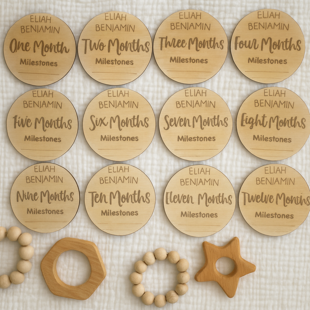 Wooden milestone markers for baby's first year with wooden toys on a textured surface