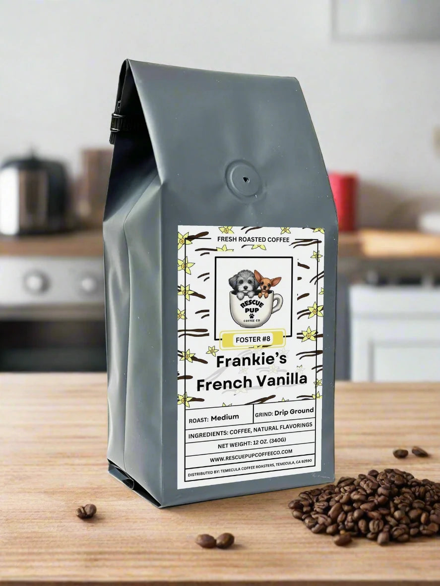 Gray coffee bag labeled 'Frankie's French Vanilla' on a white background