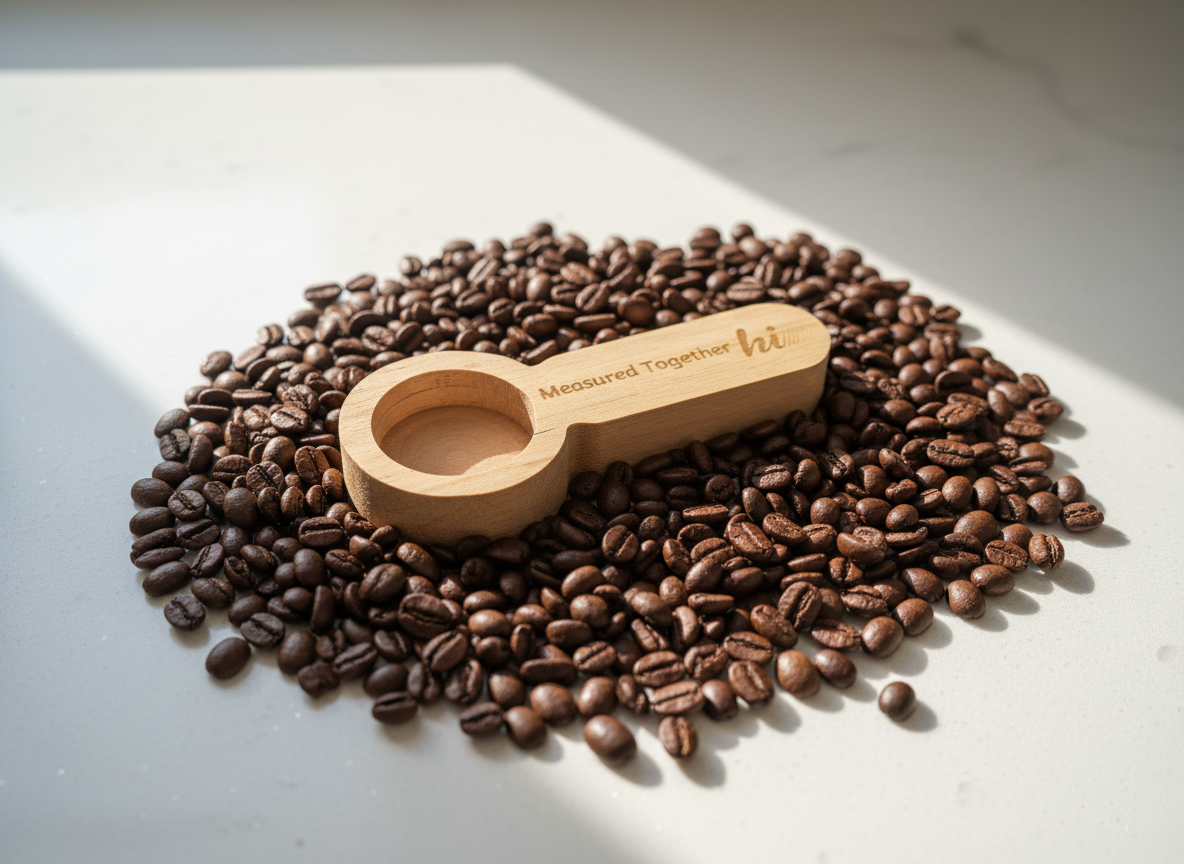 Wooden scoop on a pile of coffee beans with 'Measured Together' branding.