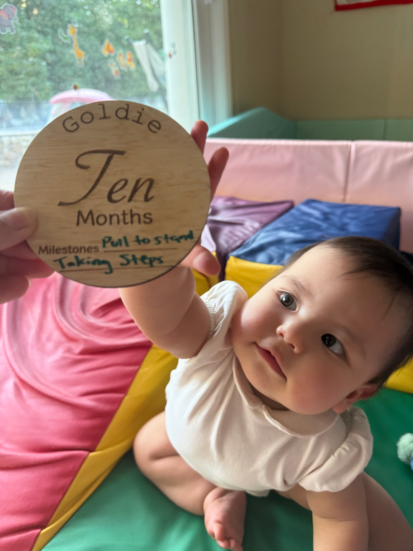 Baby holding a wooden disc with 'Goldie Ten Months' text in a colorful room.
